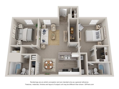 Floor plan for 2 beds, 2 baths, 1050 sqft